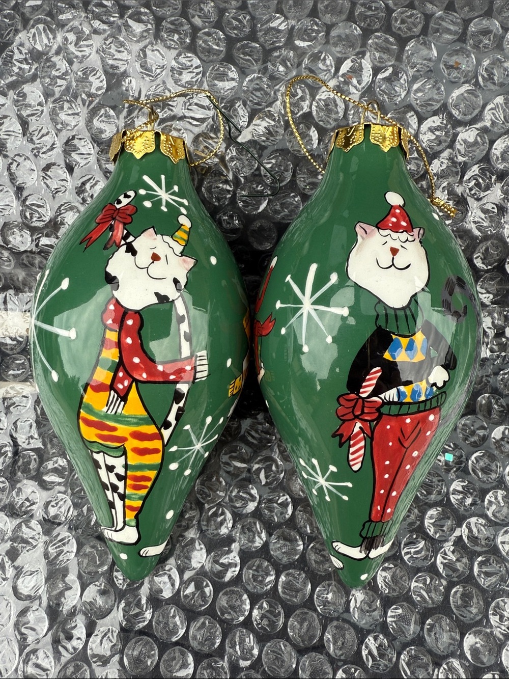 Holiday Cat Glass Ornament Pair - Green